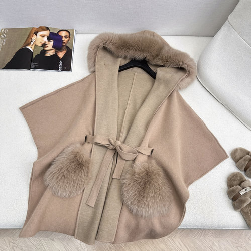 Fendi Fox Fur Trimmed Cape Coat, Exquisite Color Palette