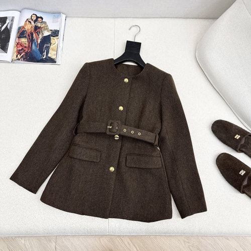 Miu Miu Vintage Wool Twill Belted Round Neck Coat