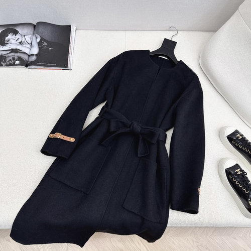 Celine Exclusive 25Ss Double-sided Wool Coat with Caramel Leather Trim