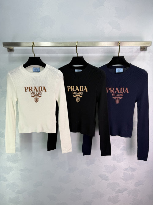 Prada Long Sleeve Knit Sweater in Classic Color Block with Minimalist Aesthetic