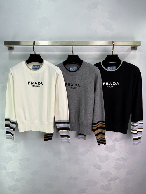 Prada Classic Knit Long-sleeve Sweater with Logo Embroidery