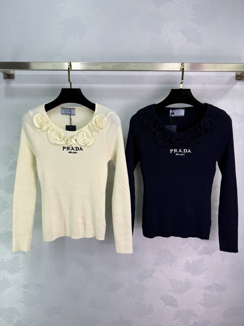 Prada Knit Sweater with 3D Flower Embellishment and Logo Embroidery