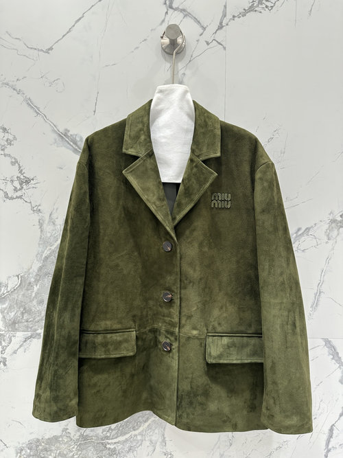 Miu Miu Exclusive First-Release Vintage Logo Mid-length Suede Leather Coat