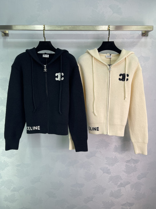 Celine Triumph Arch Zippered Hooded Cardigan with Custom Woolen Yarn