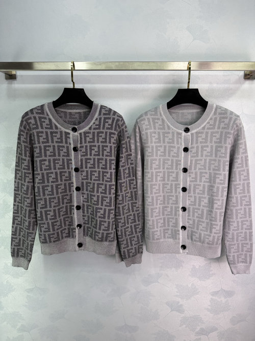 Fendi Customized Knit Long Sleeve Cardigan with Letter Jacquard, Classic Style