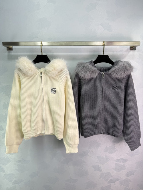 Loewe Cozy Knit Cardigan with Detachable Fur Collar and Logo Embroidery