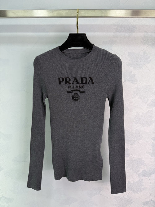 Prada Slim-Fit Long-Sleeve Knit Top with Embroidered Logo
