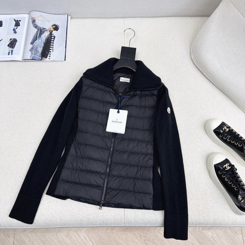 Moncler High-Collar Down Jacket with Knit and Stitch Details, Elegant and Cozy