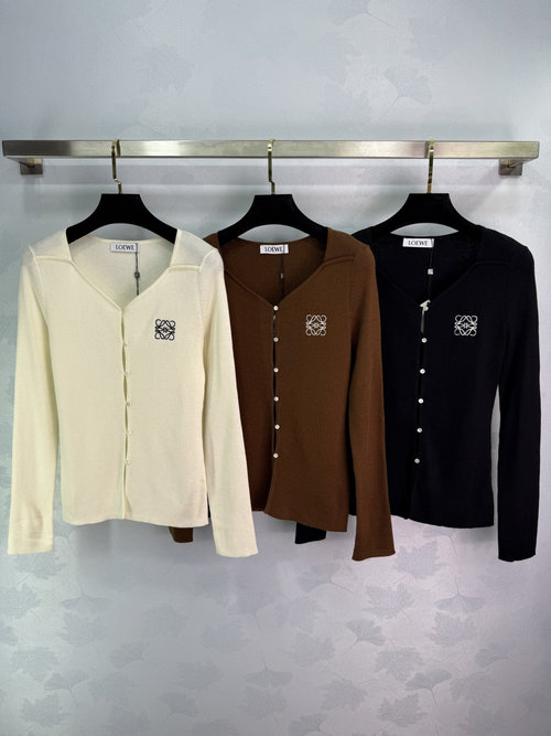 Loewe Knit Cardigan with Logo Embroidery and Vertical Ribbing