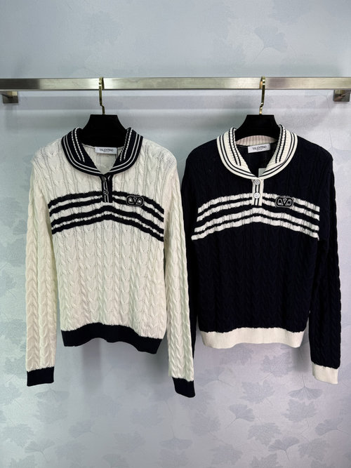 Valentino Academic Style Color-Block Collared Wool Sweater
