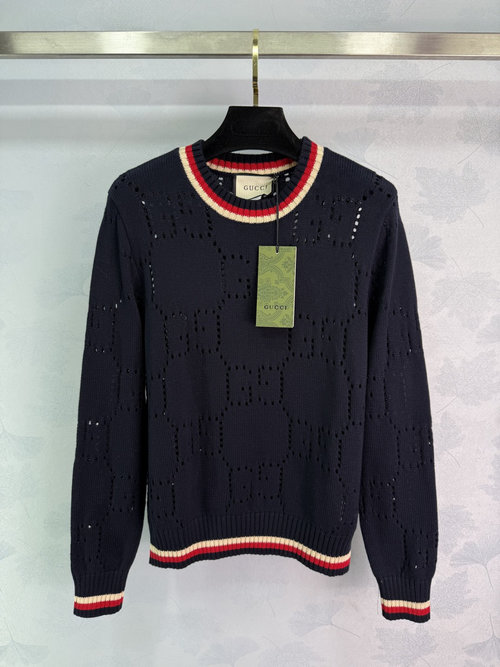Gucci Hollow Knit Top with Red and White Striped Collar