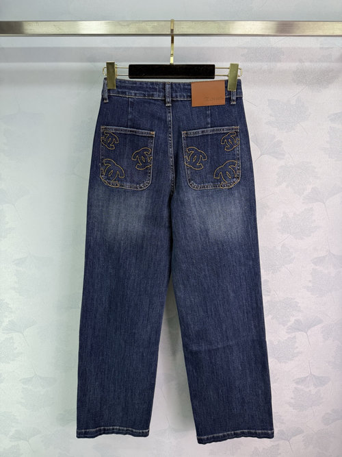 Chanel Stylish Embroidered Logo Wide-Leg Jeans