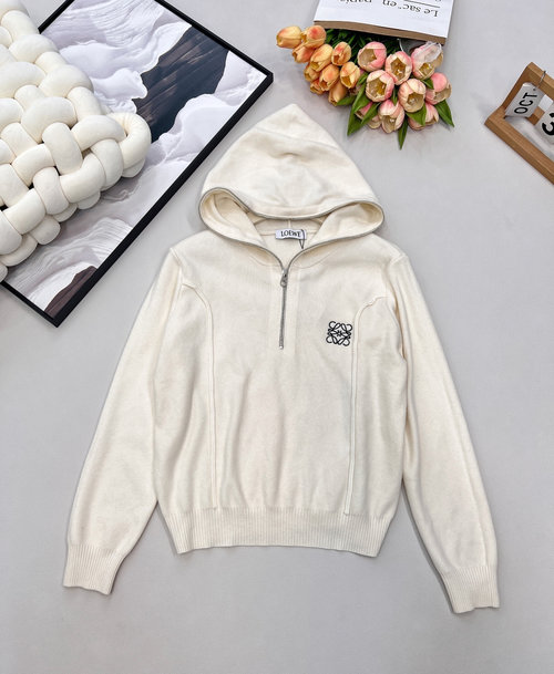 Loewe Cozy Wool Zip-up Hooded Cardigan with Embroidered Logo