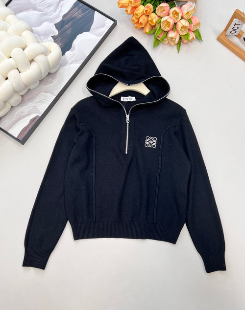 Loewe Cozy Wool Zip-up Hooded Cardigan with Embroidered Logo