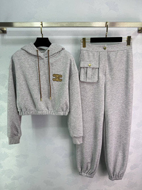 Celine Classic Arc Embroidered Hoodie & Jogger Set with Sporty Pocket Accents