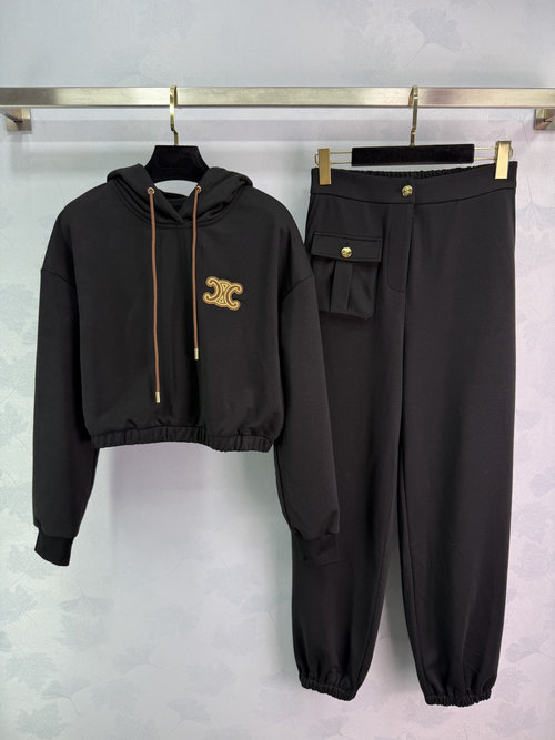Celine Classic Arc Embroidered Hoodie & Jogger Set with Sporty Pocket Accents
