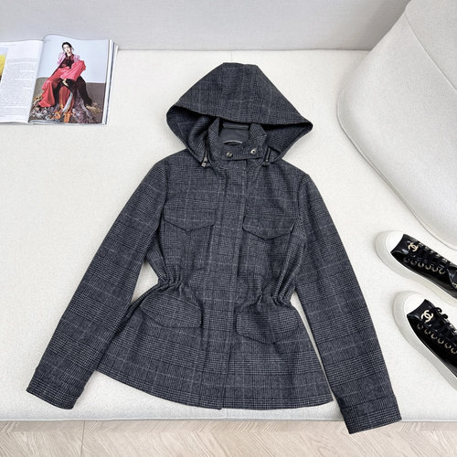 Loro Piana Drawstring Waist Wool Checked Coat for Shoulder Shape