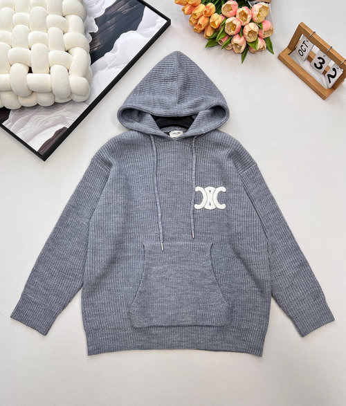 Celine Casual Fitted Knitted Hooded Sweater with Embroidered Logo