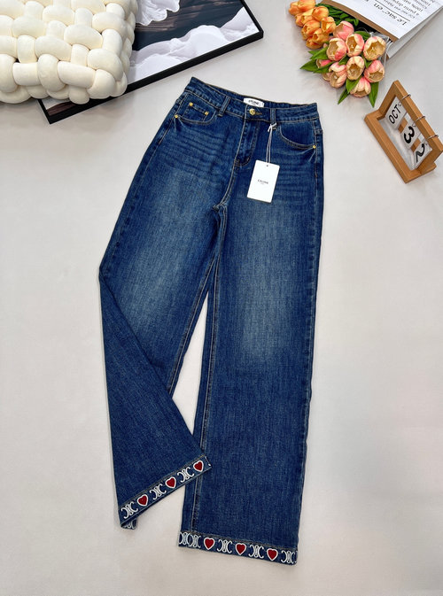 Celine Denim Straight-Leg Pants with Embroidered Heart