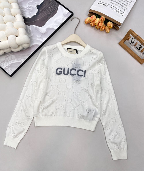 Gucci Classic Long-Sleeved Letter Jacquard Hollowed Knit Top