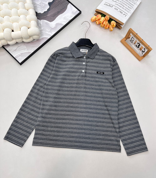 Miu Miu Elegant Gray Striped Polo T-Shirt for Classic Style