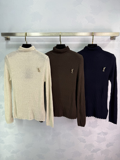 Yves Saint Laurent High Neck Knit Long Sleeve with Wrinkle Texture and Brand Pin, Slim-Fitted