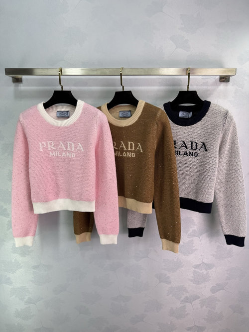 Prada Pure Wool Round Neck Top with Sequins and Embroidery, Exquisite Design