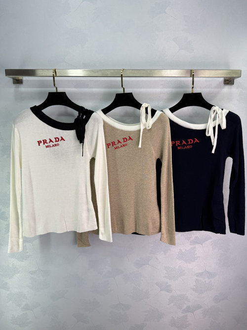 Prada Sophisticated Logo-Embroidered Wool Blend Off-Shoulder Knit Top