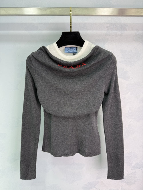 Prada Off-Shoulder Striped Knit Top with Letter Logo, Elegant and Stylish