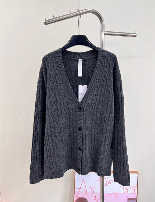 Alo V - Neck Knit Cardigan with Arm Letter Decoration, Soft and Stylish