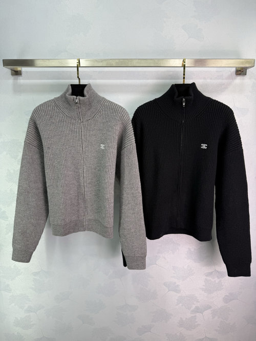 Celine Elegant Triumph Arch Embroidered Wool Stand Collar Cardigan with Zipper Design