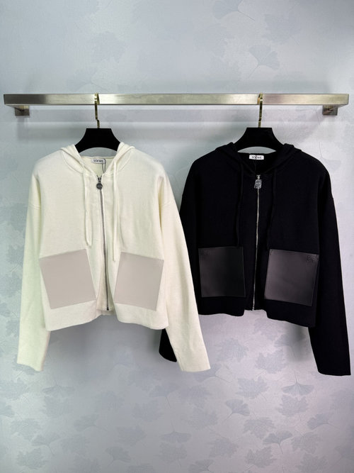 Loewe Hooded Zip-up Cardigan with Two-color Options and Leather Pocket Accents