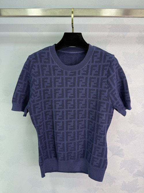 Fendi Customized Wool Knit Short-sleeve Pullover with Letter Jacquard, Fashionable Design