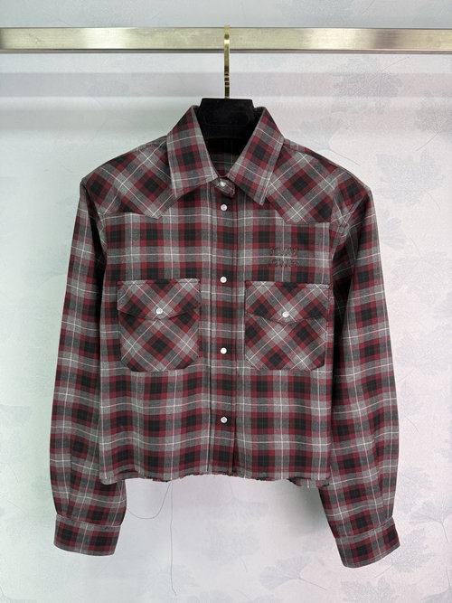 Miu Miu Red and Black Check Wool Shirt with Double Pockets