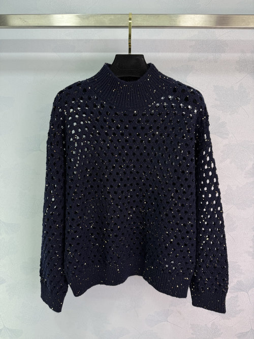 Brunello Cucinelli Deep Blue Lace Knit Sweater with Gold Glitter Accents