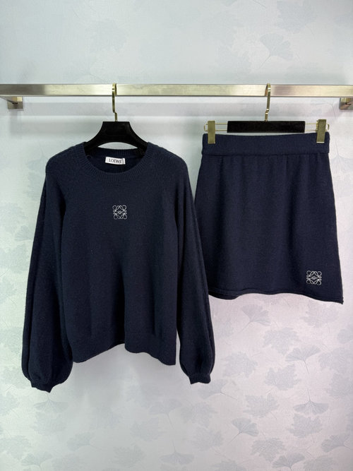 Loewe Deep Blue Knitted Suit with Classic Logo Embroidery