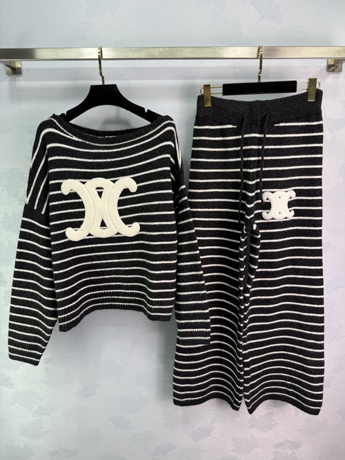 Celine Striped Knitted Suit with Large Letter Embroidery