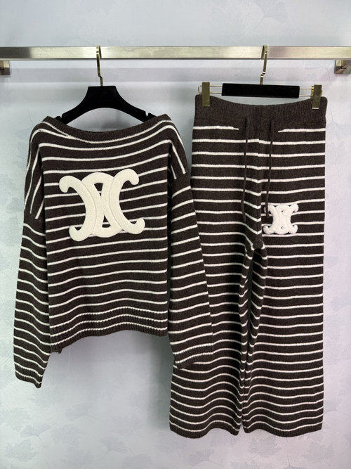 Celine Striped Knitted Suit with Large Letter Embroidery