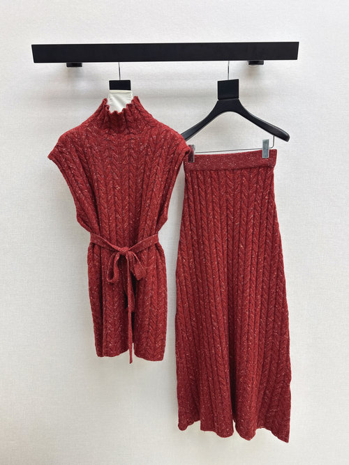 Brunello Cucinelli Cozy Wool Outfit: High - Neck Sleeveless Sweater & Skirt