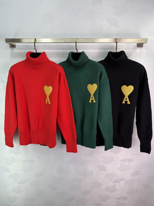 Ami Warm High-Neck Wool Sweater Adorned with Gold Heart Embroidery