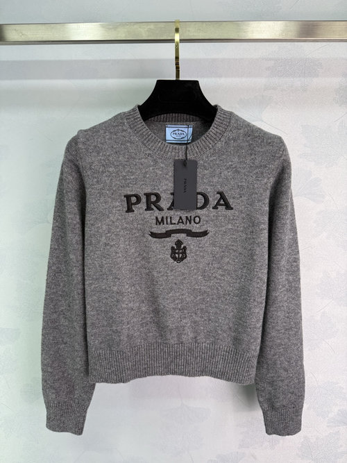 Prada Round-Neck Pullover Sweater with Letter Logo and Wide Ribbed Edges