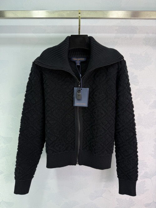 Louis Vuitton Navy Collar Cardigan with Brand Logo Embroidery, Elegant and Adaptable