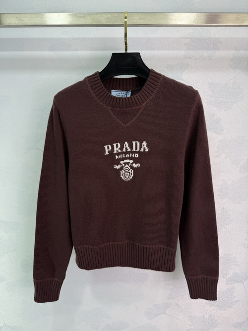 Prada Slim Fit Crew Neck Sweater with Classic Logo Embroidery and Ribbed Trim