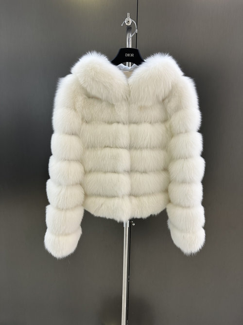 Dior High-Quality Finnish White Fox Fur Coat with Lace Design