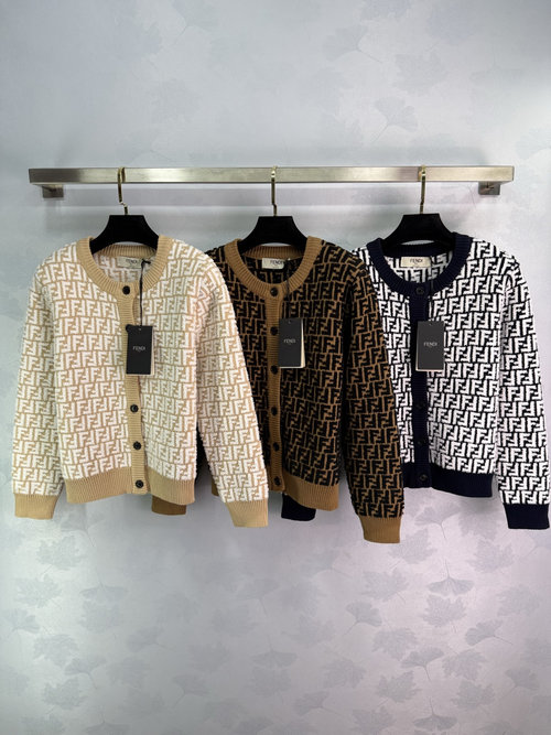 Fendi Custom Imported Mohair Round Neck Long - Sleeve Cardigan with Double F Jacquard