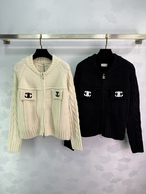 Celine Zip-Up Knit Cardigan with Embroidered Logo and Textured Pattern