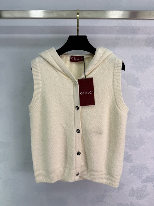 Gucci Cream-Colored Wool Knit Vest with Hood and Button Details