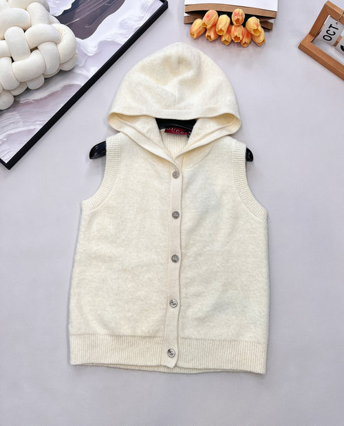 Gucci Pure White Knit Hooded Vest with Metal Buttons