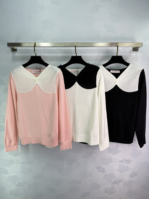 Valentino V-Neck Knit Sweater with Contrast Bow Detail, Crafted from 100% Wool