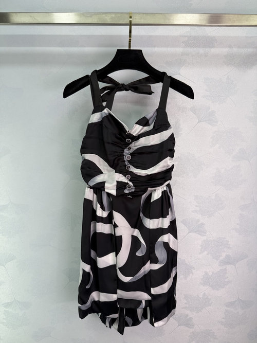 Chanel Silk Halter Dress with Ribbon Print and Crystal Buckle